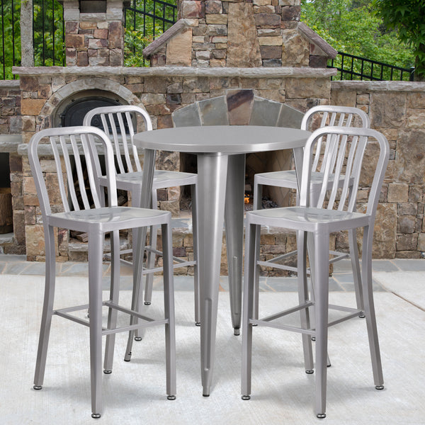 Commercial Grade 30" Round Silver Metal Indoor-Outdoor Bar Table Set with 4 Vertical Slat Back Stools