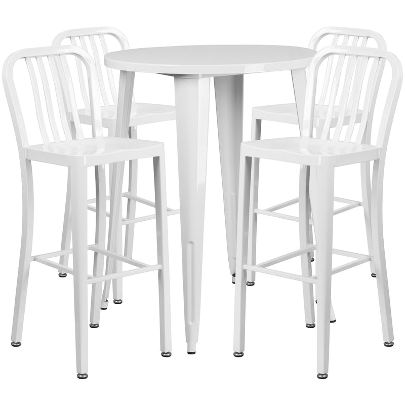 Commercial Grade 30" Round White Metal Indoor-Outdoor Bar Table Set with 4 Vertical Slat Back Stools