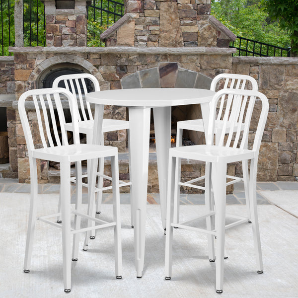 Commercial Grade 30" Round White Metal Indoor-Outdoor Bar Table Set with 4 Vertical Slat Back Stools