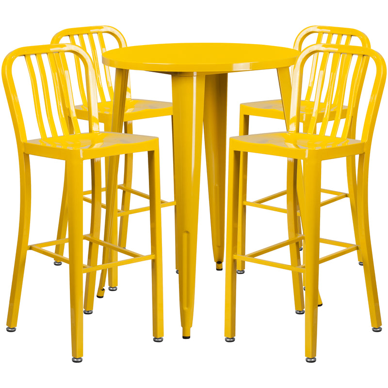 Commercial Grade 30" Round Yellow Metal Indoor-Outdoor Bar Table Set with 4 Vertical Slat Back Stools