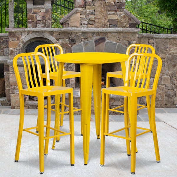 Commercial Grade 30" Round Yellow Metal Indoor-Outdoor Bar Table Set with 4 Vertical Slat Back Stools