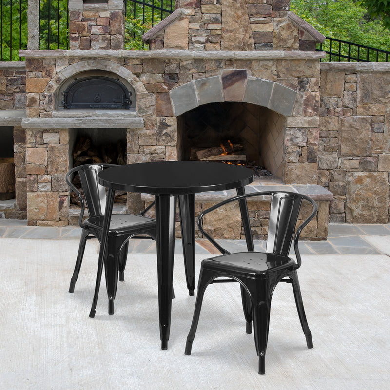 Commercial Grade 30" Round Black Metal Indoor-Outdoor Table Set with 2 Arm Chairs