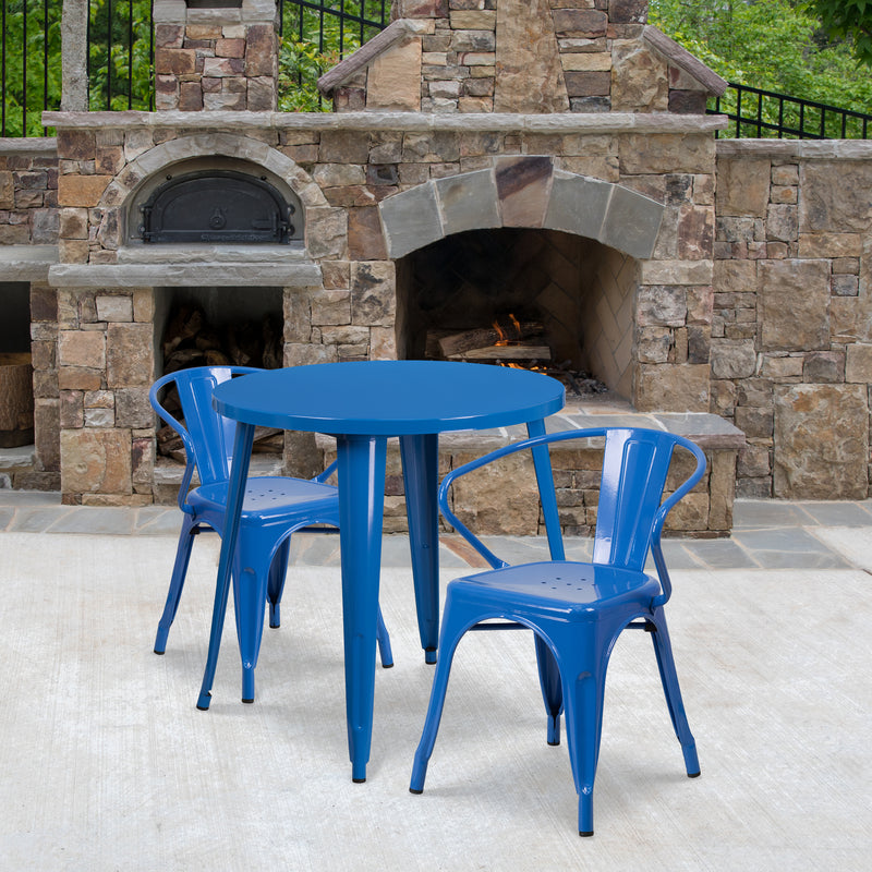 Commercial Grade 30" Round Blue Metal Indoor-Outdoor Table Set with 2 Arm Chairs