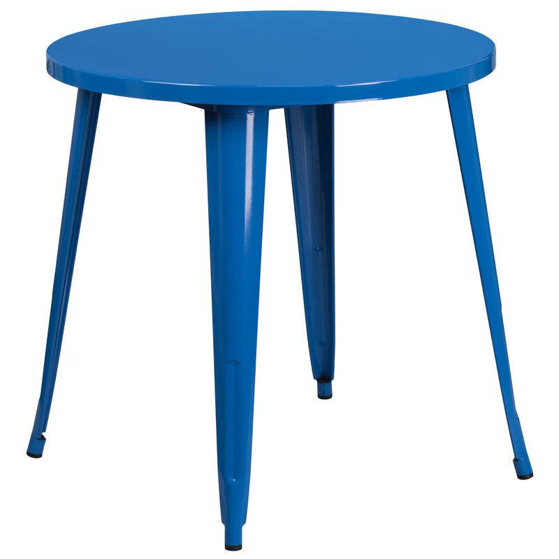 Commercial Grade 30" Round Blue Metal Indoor-Outdoor Table Set with 2 Arm Chairs