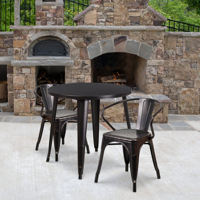 Commercial Grade 30" Round Black-Antique Gold Metal Indoor-Outdoor Table Set with 2 Arm Chairs