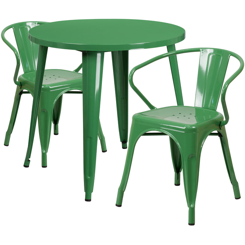 Commercial Grade 30" Round Green Metal Indoor-Outdoor Table Set with 2 Arm Chairs