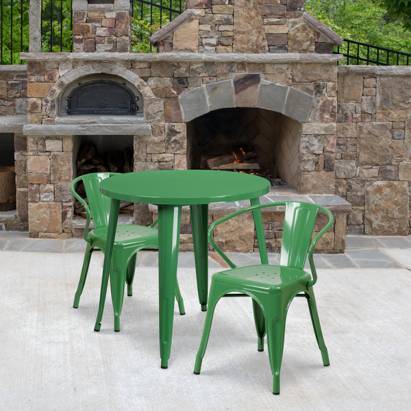 Commercial Grade 30" Round Green Metal Indoor-Outdoor Table Set with 2 Arm Chairs