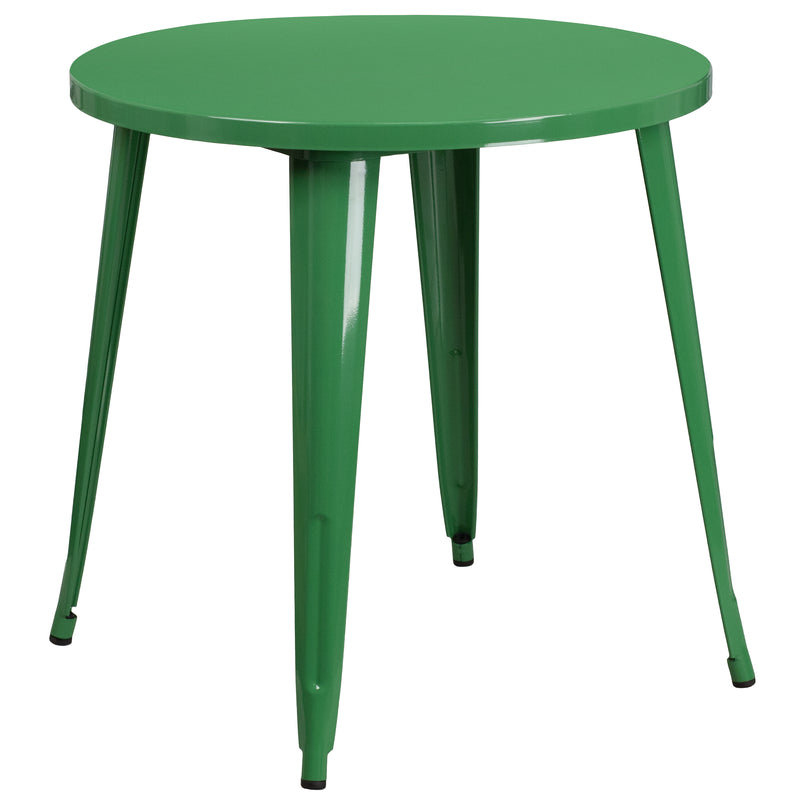 Commercial Grade 30" Round Green Metal Indoor-Outdoor Table Set with 2 Arm Chairs