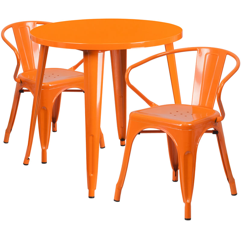 Commercial Grade 30" Round Orange Metal Indoor-Outdoor Table Set with 2 Arm Chairs