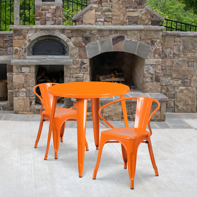 Commercial Grade 30" Round Orange Metal Indoor-Outdoor Table Set with 2 Arm Chairs