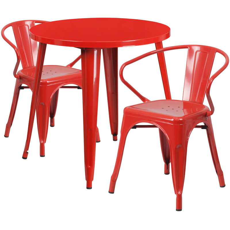 Commercial Grade 30" Round Red Metal Indoor-Outdoor Table Set with 2 Arm Chairs