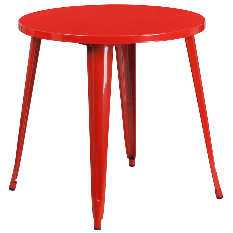 Commercial Grade 30" Round Red Metal Indoor-Outdoor Table Set with 2 Arm Chairs