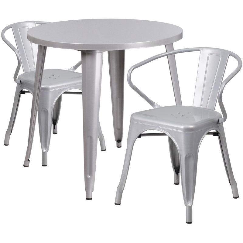 Commercial Grade 30" Round Silver Metal Indoor-Outdoor Table Set with 2 Arm Chairs