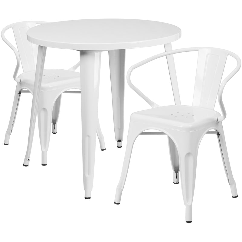 Commercial Grade 30" Round White Metal Indoor-Outdoor Table Set with 2 Arm Chairs