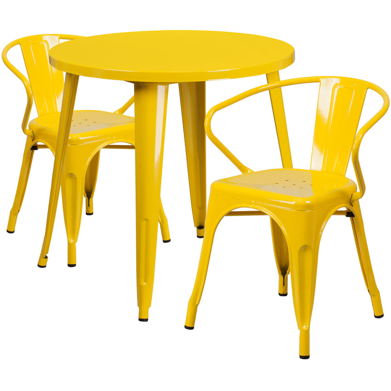 Commercial Grade 30" Round Yellow Metal Indoor-Outdoor Table Set with 2 Arm Chairs