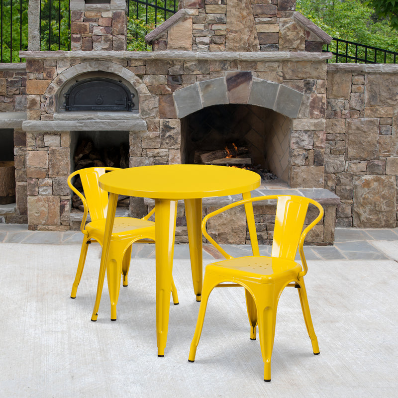 Commercial Grade 30" Round Yellow Metal Indoor-Outdoor Table Set with 2 Arm Chairs