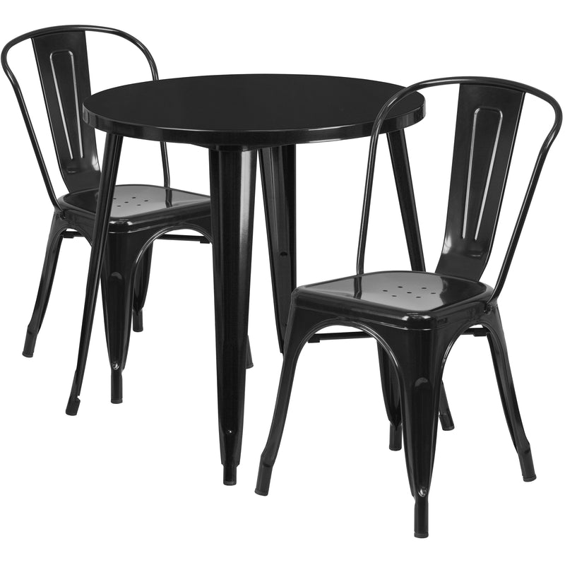 Commercial Grade 30" Round Black Metal Indoor-Outdoor Table Set with 2 Cafe Chairs