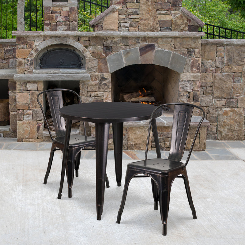 Commercial Grade 30" Round Black-Antique Gold Metal Indoor-Outdoor Table Set with 2 Cafe Chairs