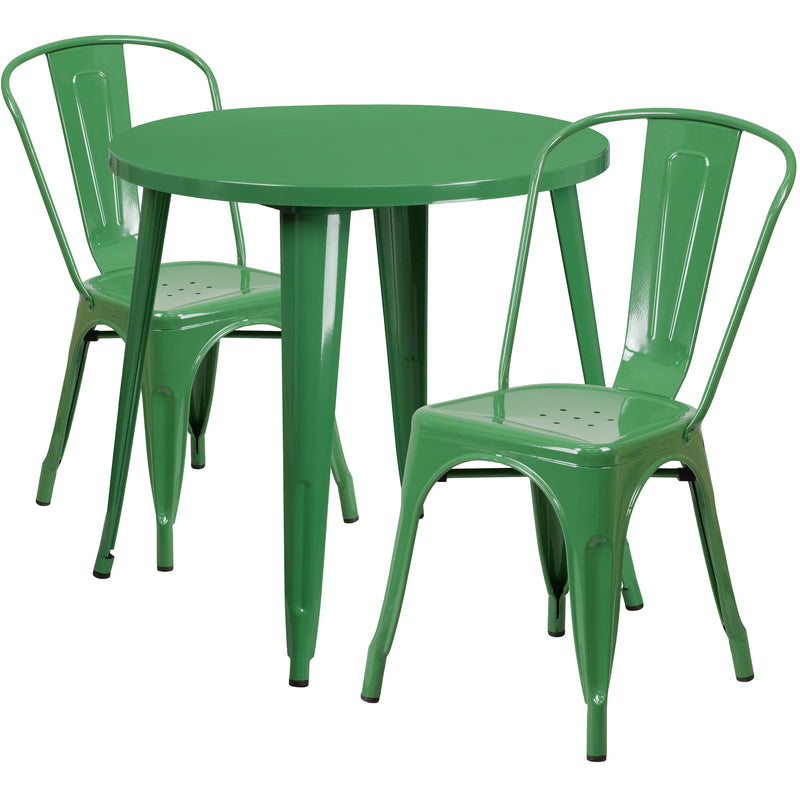 Commercial Grade 30" Round Green Metal Indoor-Outdoor Table Set with 2 Cafe Chairs