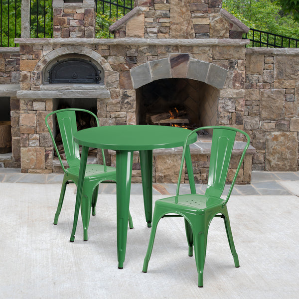 Commercial Grade 30" Round Green Metal Indoor-Outdoor Table Set with 2 Cafe Chairs