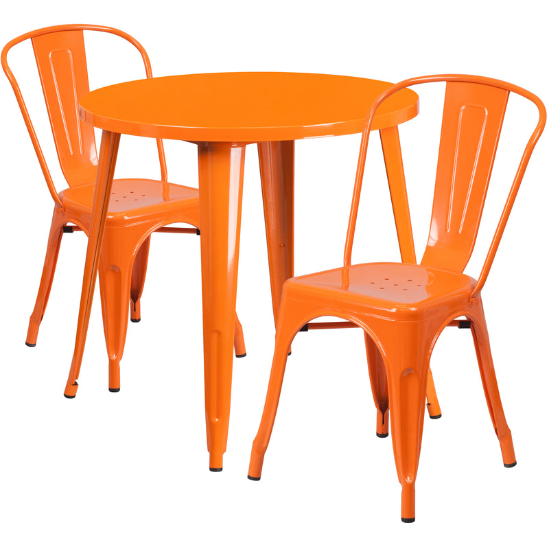 Commercial Grade 30" Round Orange Metal Indoor-Outdoor Table Set with 2 Cafe Chairs