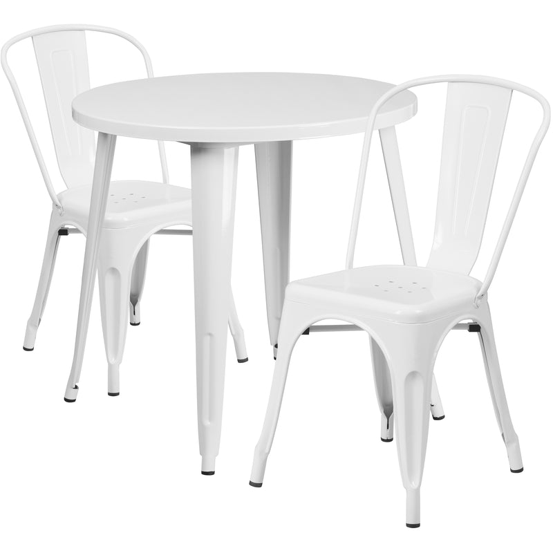 Commercial Grade 30" Round White Metal Indoor-Outdoor Table Set with 2 Cafe Chairs