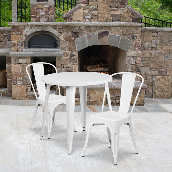 Commercial Grade 30" Round White Metal Indoor-Outdoor Table Set with 2 Cafe Chairs