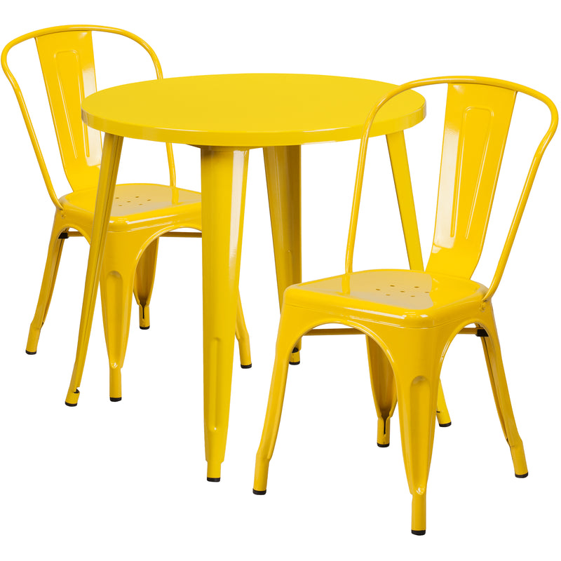 Commercial Grade 30" Round Yellow Metal Indoor-Outdoor Table Set with 2 Cafe Chairs