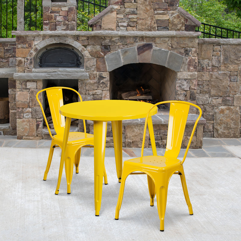 Commercial Grade 30" Round Yellow Metal Indoor-Outdoor Table Set with 2 Cafe Chairs