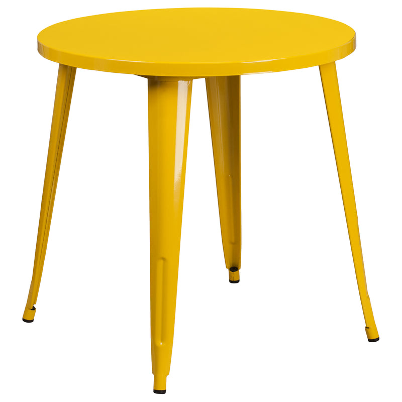 Commercial Grade 30" Round Yellow Metal Indoor-Outdoor Table Set with 2 Cafe Chairs