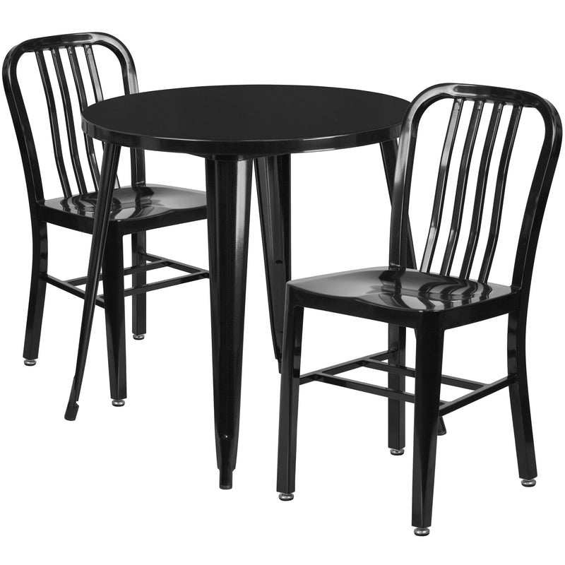 Commercial Grade 30" Round Black Metal Indoor-Outdoor Table Set with 2 Vertical Slat Back Chairs