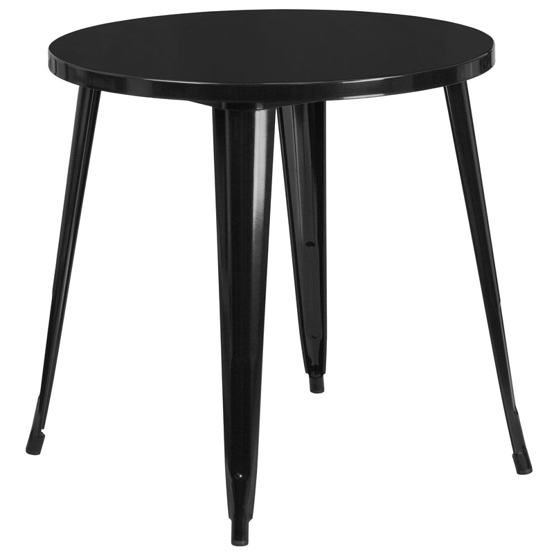 Commercial Grade 30" Round Black Metal Indoor-Outdoor Table Set with 2 Vertical Slat Back Chairs