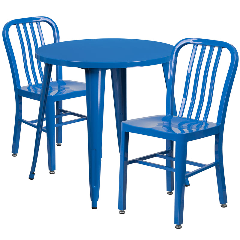 Commercial Grade 30" Round Blue Metal Indoor-Outdoor Table Set with 2 Vertical Slat Back Chairs