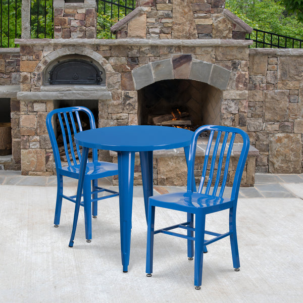 Commercial Grade 30" Round Blue Metal Indoor-Outdoor Table Set with 2 Vertical Slat Back Chairs