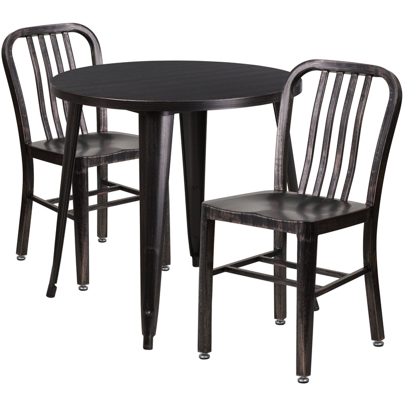 Commercial Grade 30" Round Black-Antique Gold Metal Indoor-Outdoor Table Set with 2 Vertical Slat Back Chairs