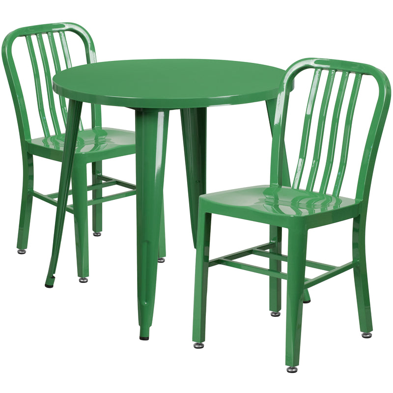 Commercial Grade 30" Round Green Metal Indoor-Outdoor Table Set with 2 Vertical Slat Back Chairs