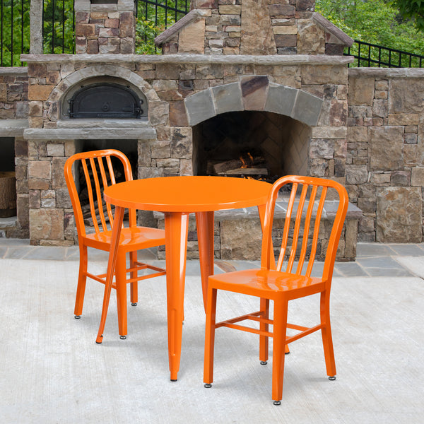 Commercial Grade 30" Round Orange Metal Indoor-Outdoor Table Set with 2 Vertical Slat Back Chairs