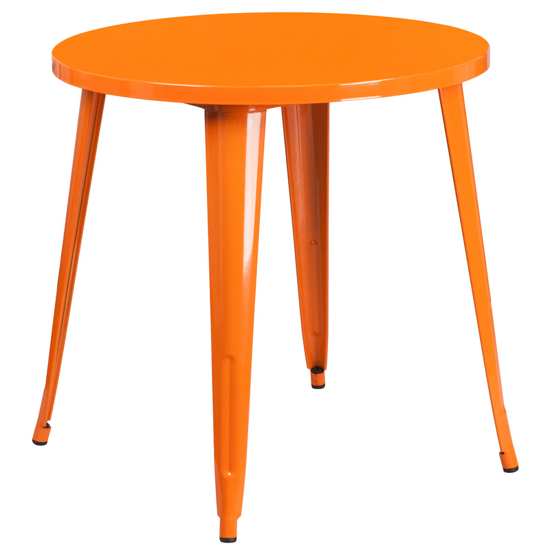 Commercial Grade 30" Round Orange Metal Indoor-Outdoor Table Set with 2 Vertical Slat Back Chairs