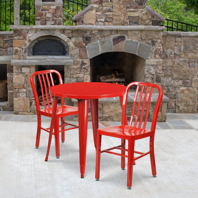 Commercial Grade 30" Round Red Metal Indoor-Outdoor Table Set with 2 Vertical Slat Back Chairs