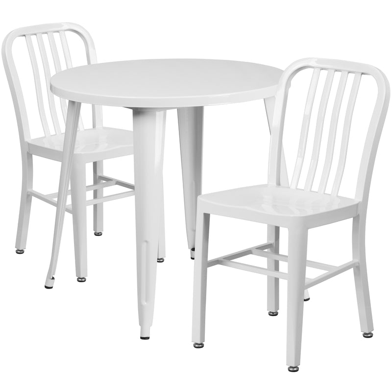 Commercial Grade 30" Round White Metal Indoor-Outdoor Table Set with 2 Vertical Slat Back Chairs