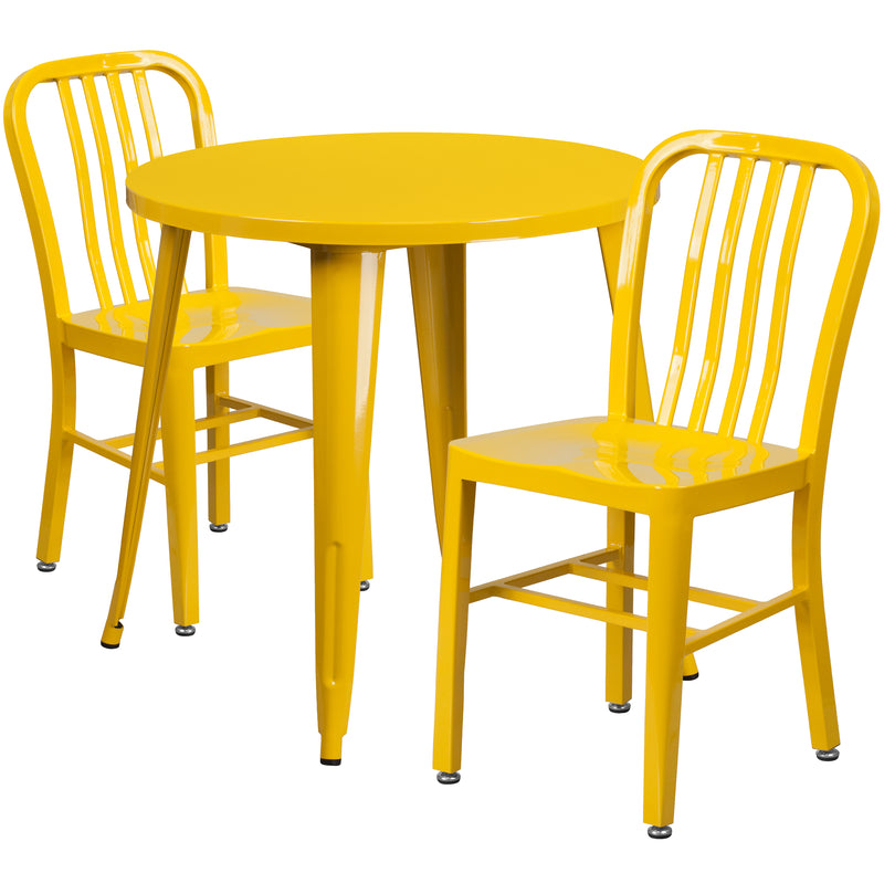 Commercial Grade 30" Round Yellow Metal Indoor-Outdoor Table Set with 2 Vertical Slat Back Chairs