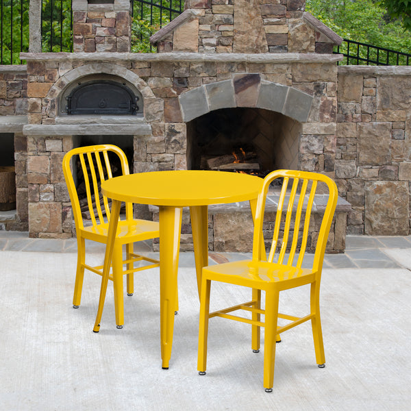 Commercial Grade 30" Round Yellow Metal Indoor-Outdoor Table Set with 2 Vertical Slat Back Chairs