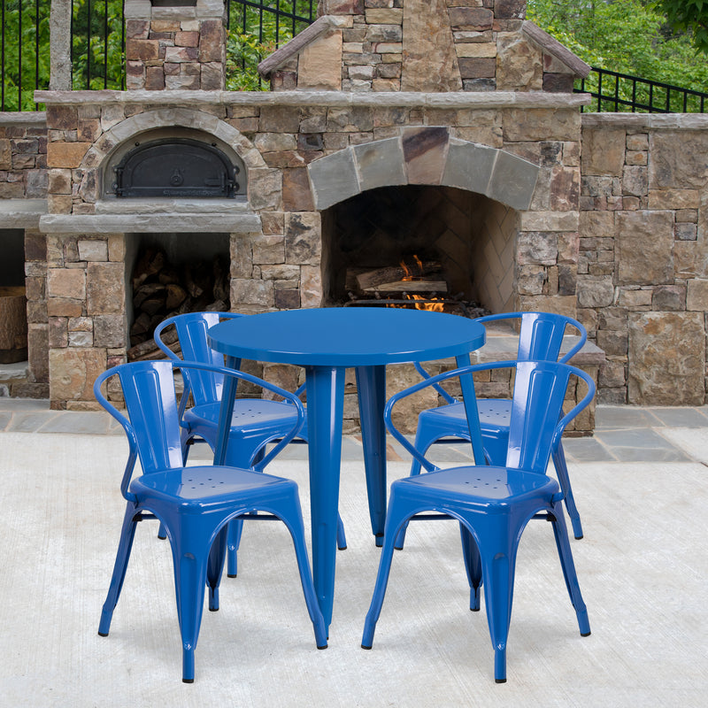 Commercial Grade 30" Round Blue Metal Indoor-Outdoor Table Set with 4 Arm Chairs