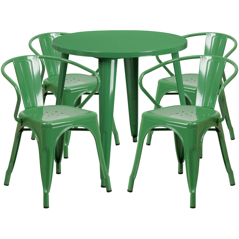 Commercial Grade 30" Round Green Metal Indoor-Outdoor Table Set with 4 Arm Chairs