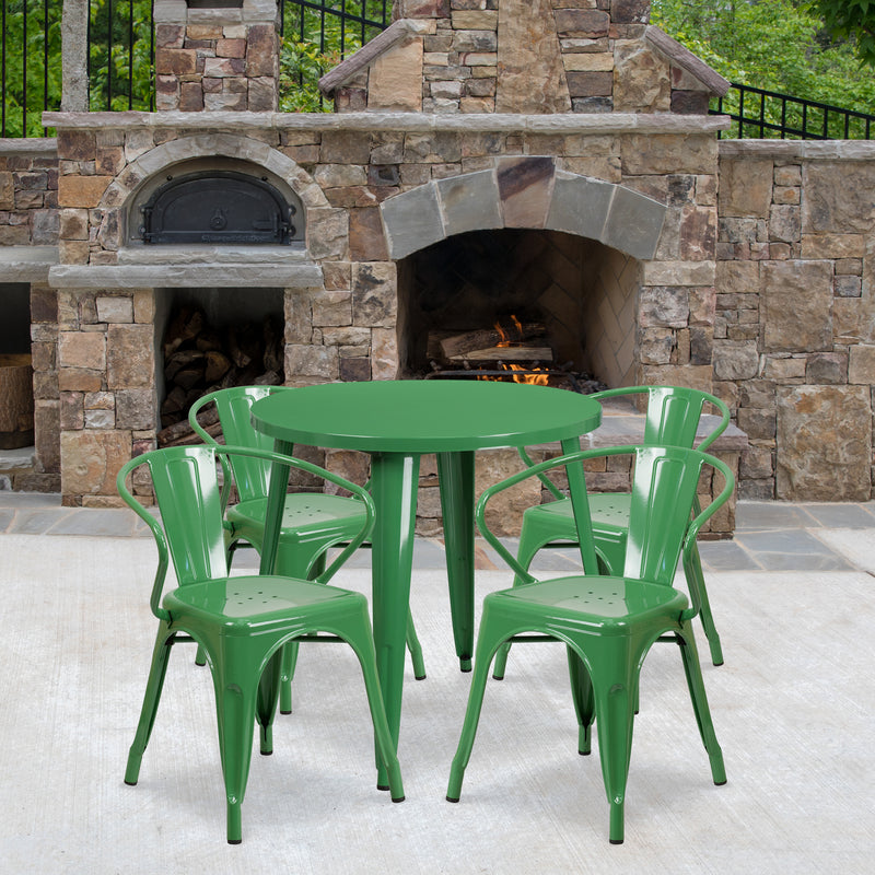 Commercial Grade 30" Round Green Metal Indoor-Outdoor Table Set with 4 Arm Chairs