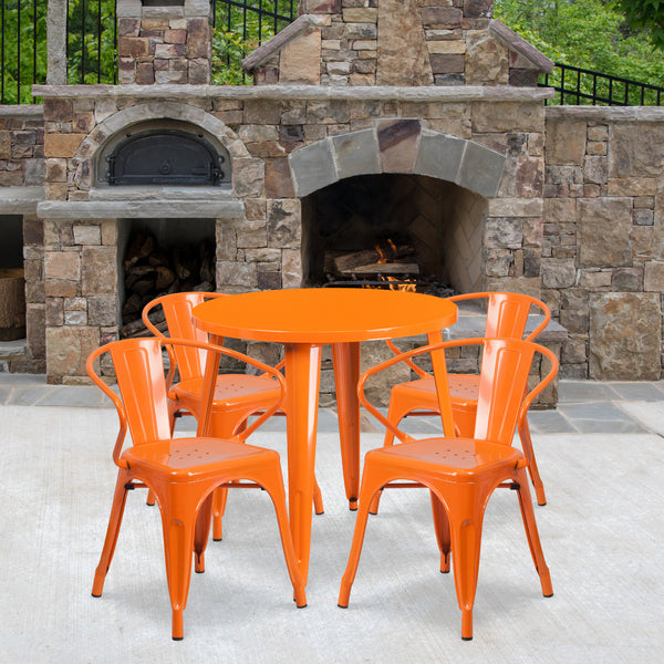 Commercial Grade 30" Round Orange Metal Indoor-Outdoor Table Set with 4 Arm Chairs