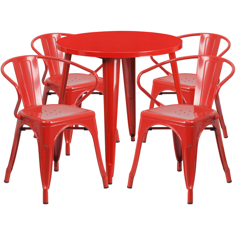 Commercial Grade 30" Round Red Metal Indoor-Outdoor Table Set with 4 Arm Chairs