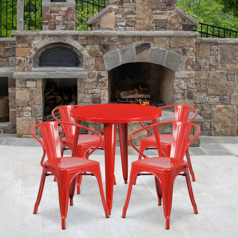 Commercial Grade 30" Round Red Metal Indoor-Outdoor Table Set with 4 Arm Chairs