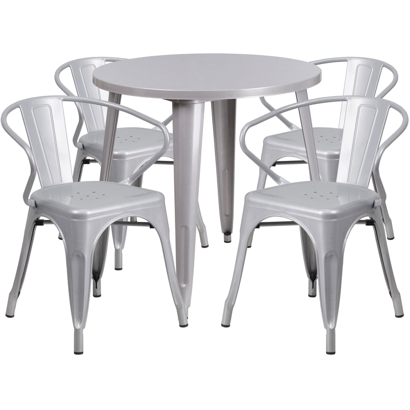 Commercial Grade 30" Round Silver Metal Indoor-Outdoor Table Set with 4 Arm Chairs