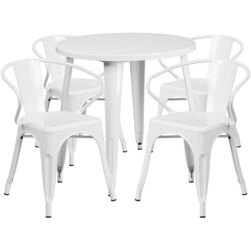 Commercial Grade 30" Round White Metal Indoor-Outdoor Table Set with 4 Arm Chairs